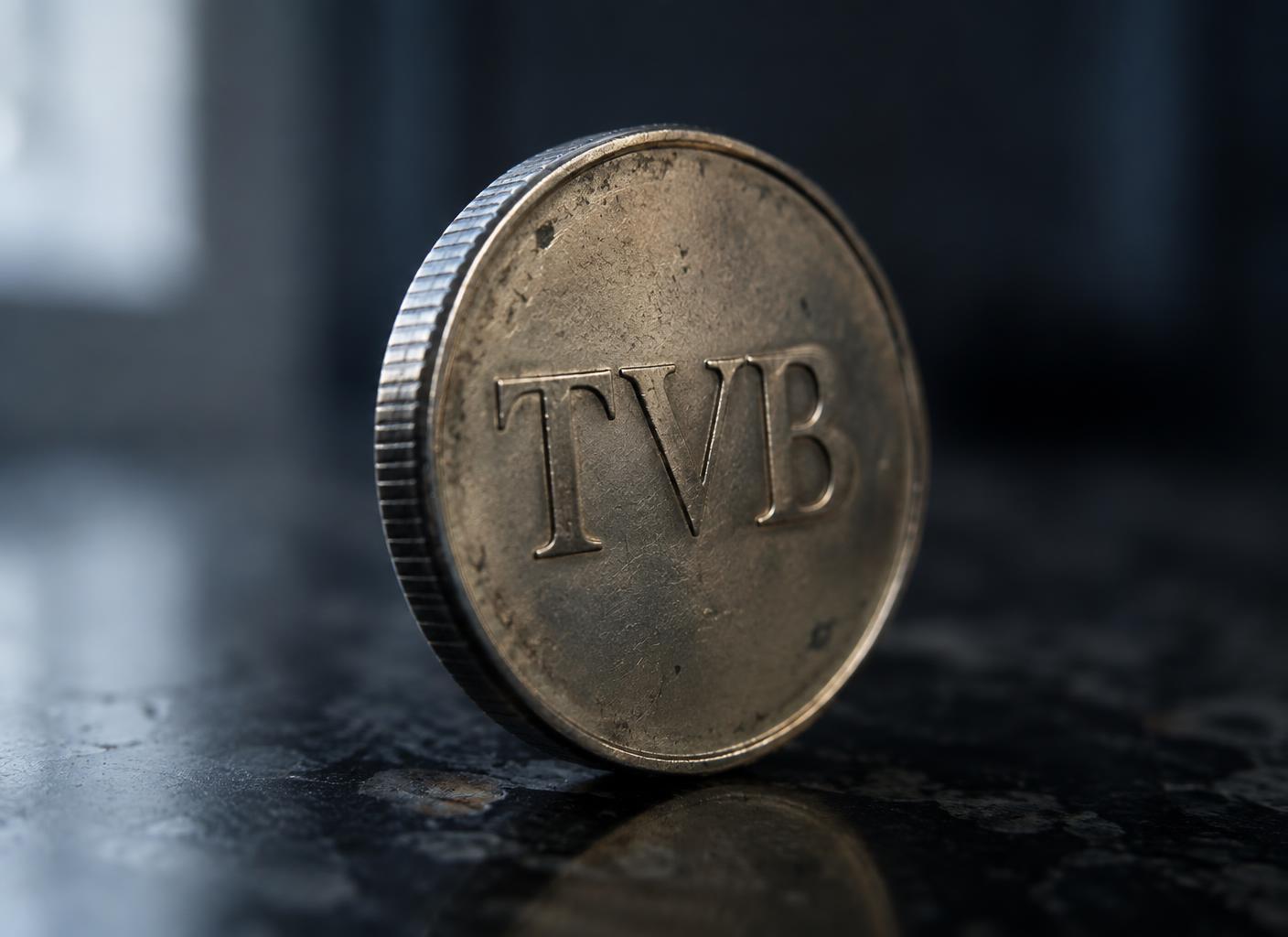 Minted TVB coin standing on edge on a dark polished stone surface