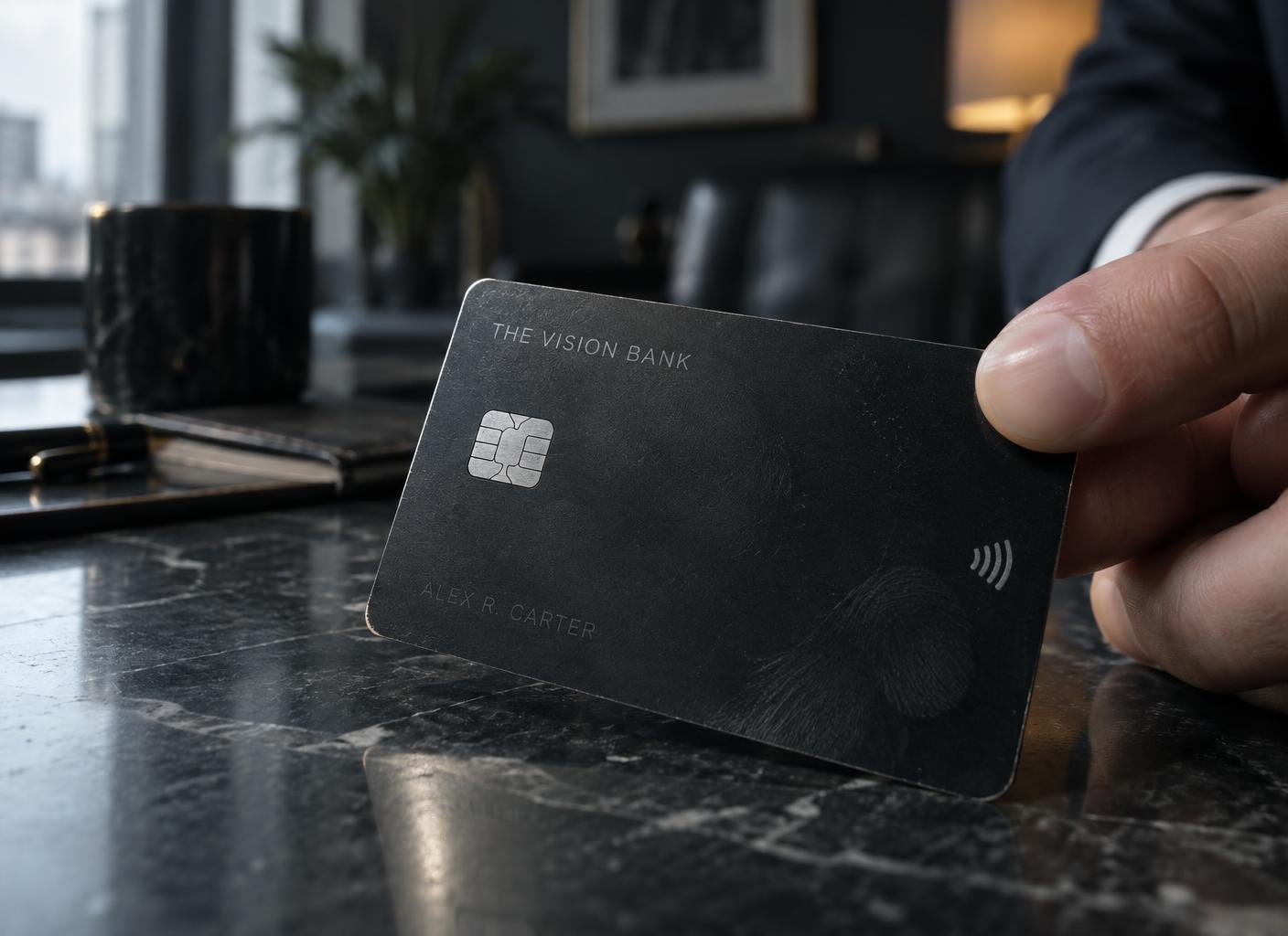 Matte black The Vision Bank metal card held over a dark stone desk