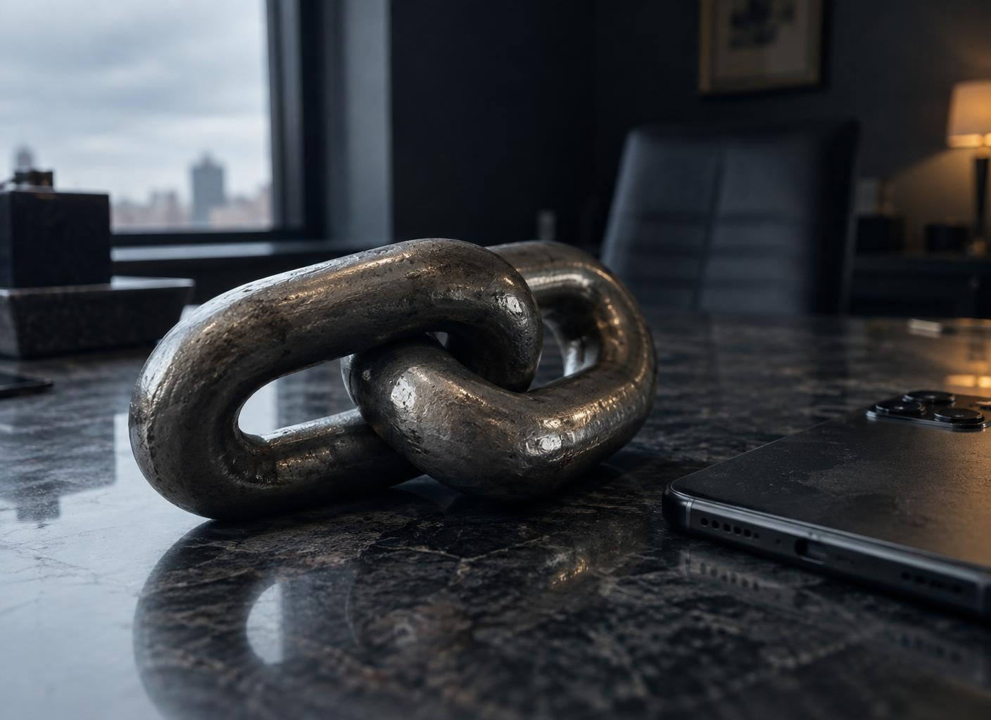 Two heavy forged steel chain links beside a phone on a dark stone desk