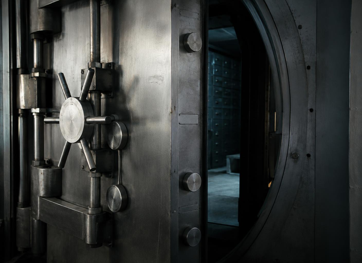 Heavy steel bank vault door standing open onto a safe deposit chamber