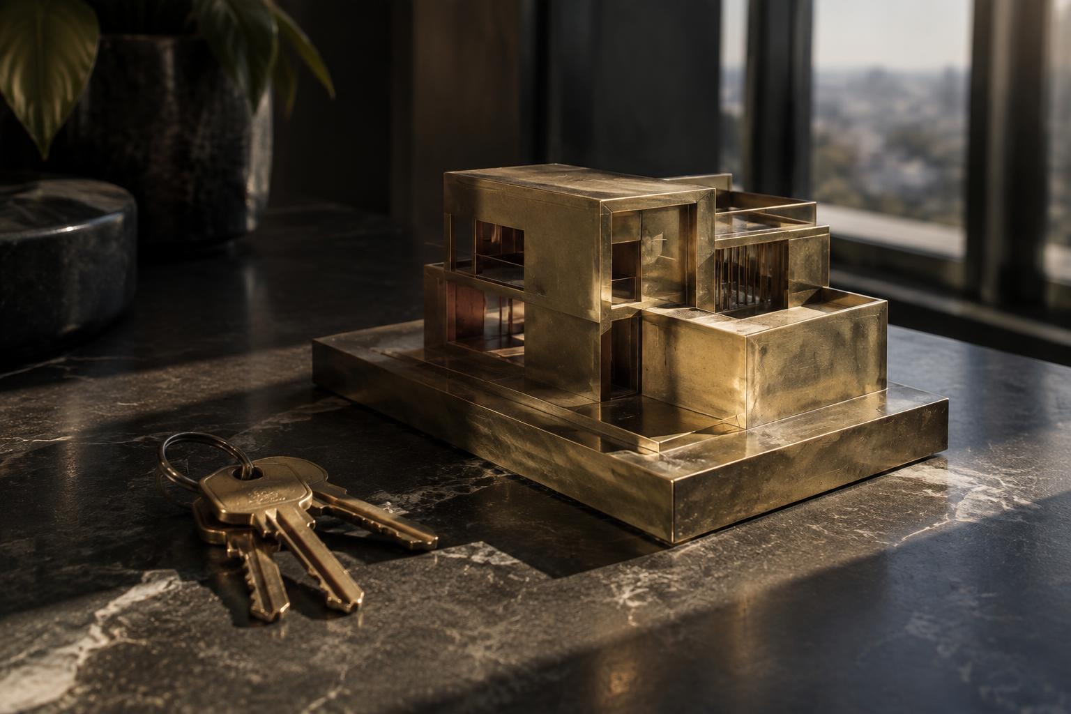 Brass architectural model of a modern residence beside keys on a stone desk